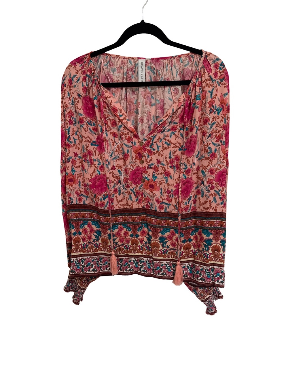 Boho Floral Pink Border Tunic with Tassel Ties - Picture 2 of 4